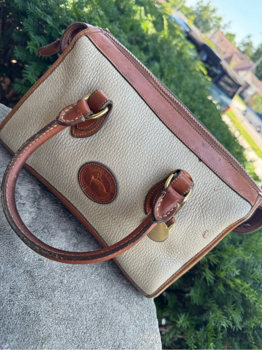Dooney & Bourke Cream & Tan AWL Pebbled Leather Satchel